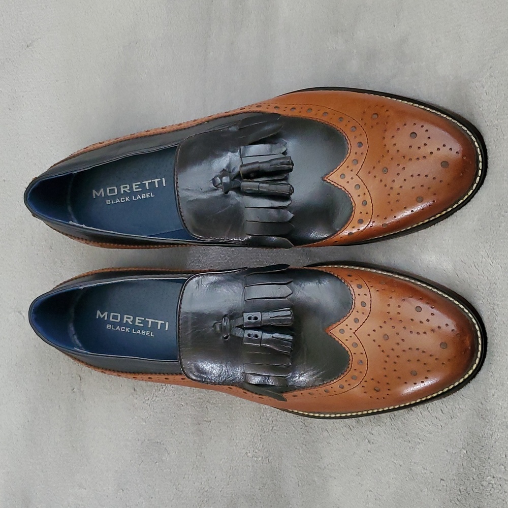 🆕️ MORETTI Black Label Brown & Black Leather Tassel Loafers MEN'S SIZE: 12